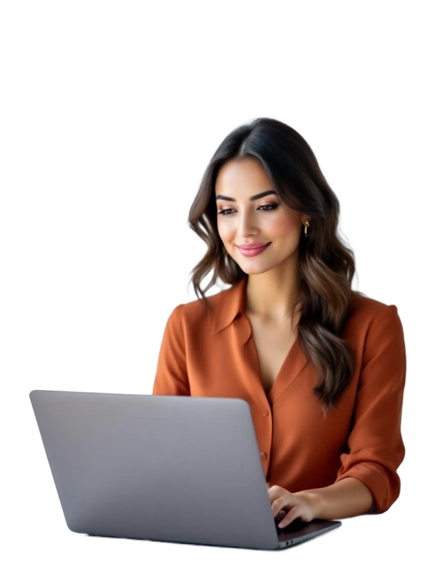 A woman working on a laptop, focused and engaged in her task.