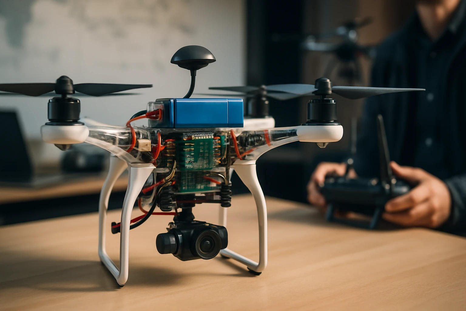 A drone with visible internal components and a camera, ready for flight.