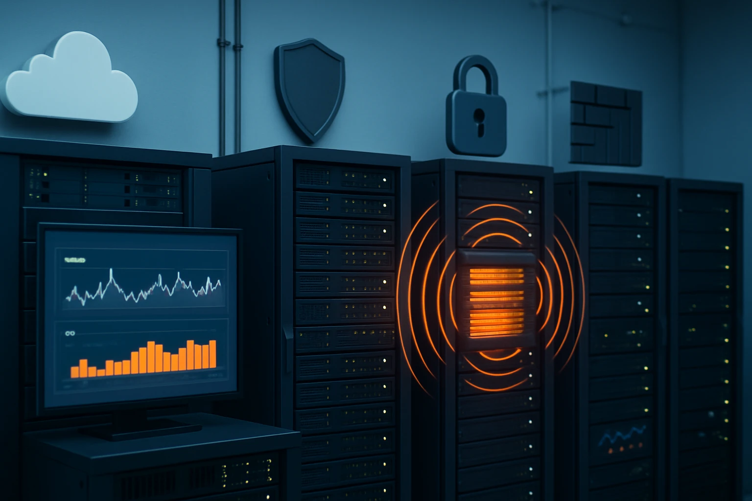 A server room featuring multiple data servers, a monitor displaying analytics, and security icons.