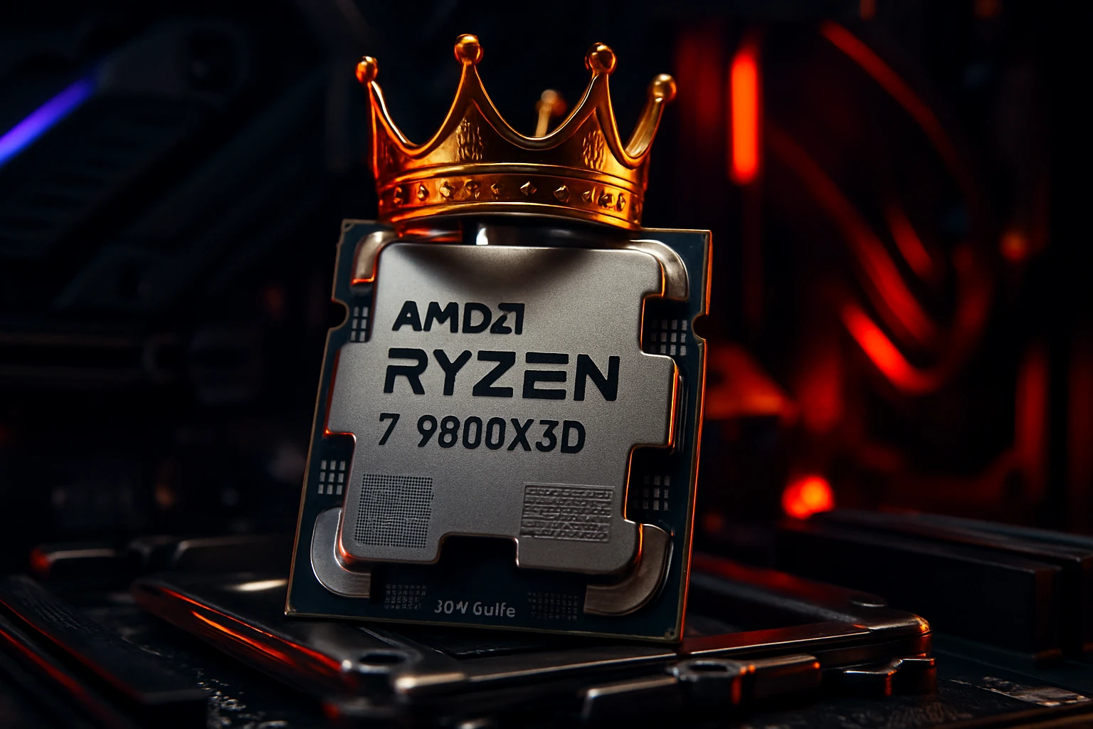 A close-up of an AMD Ryzen 7 9800X3D processor adorned with a golden crown.