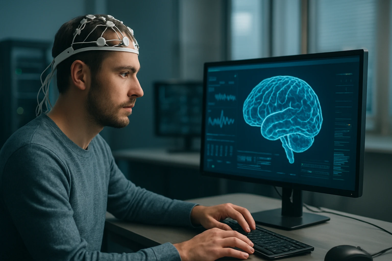 A man wearing an EEG cap analyzes brain activity on a computer screen.