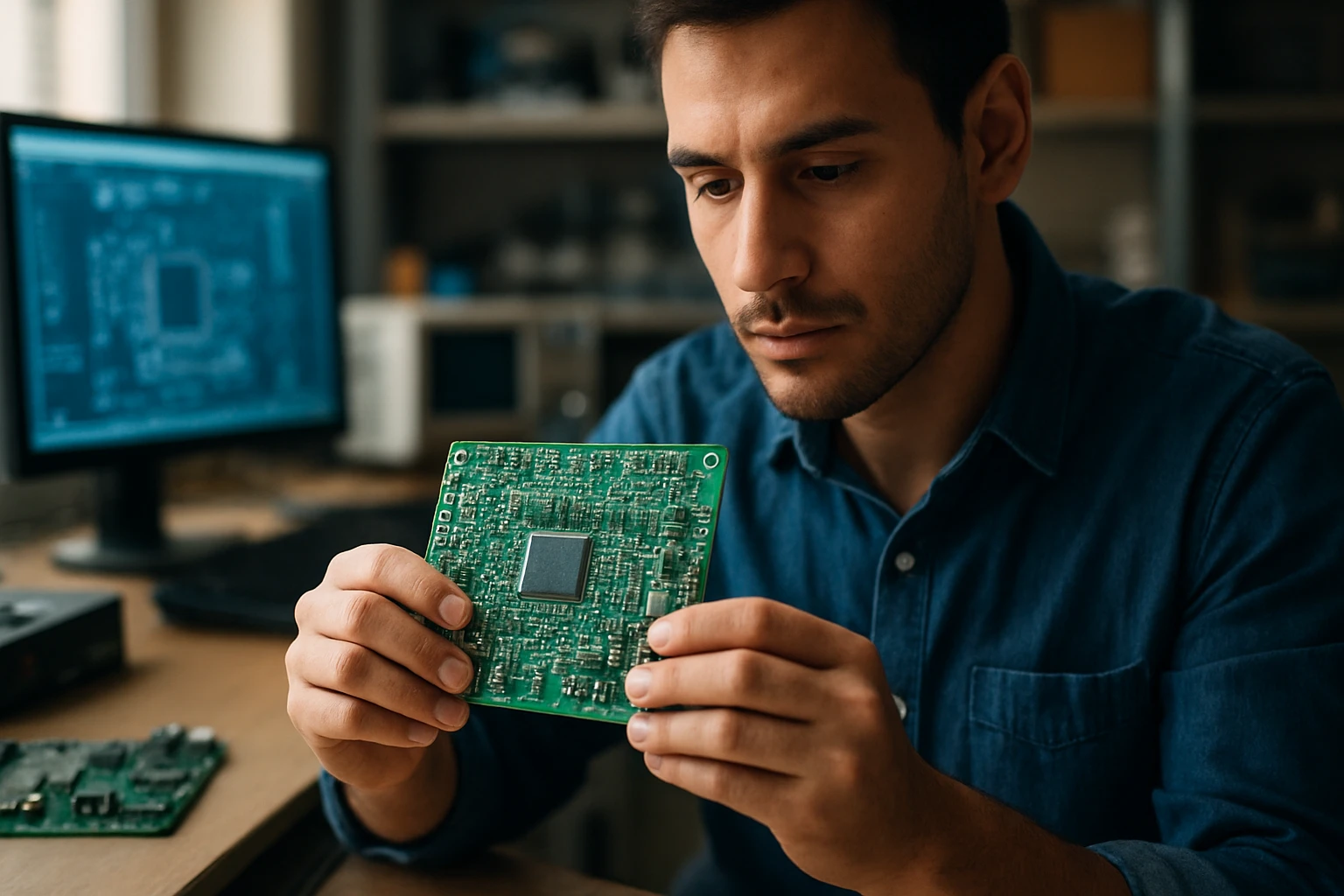 A man examines a green circuit board in a tech workspace, focused on details.