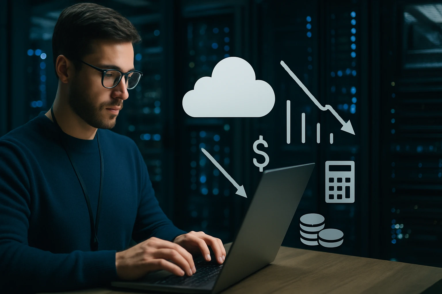 A man working on a laptop in a server room, analyzing cloud data and financial trends.
