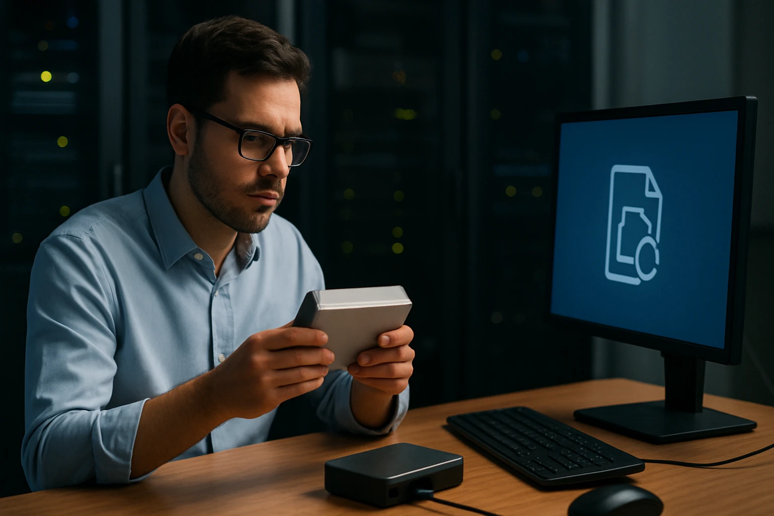 A man in a blue shirt examines a portable storage device at a desk.