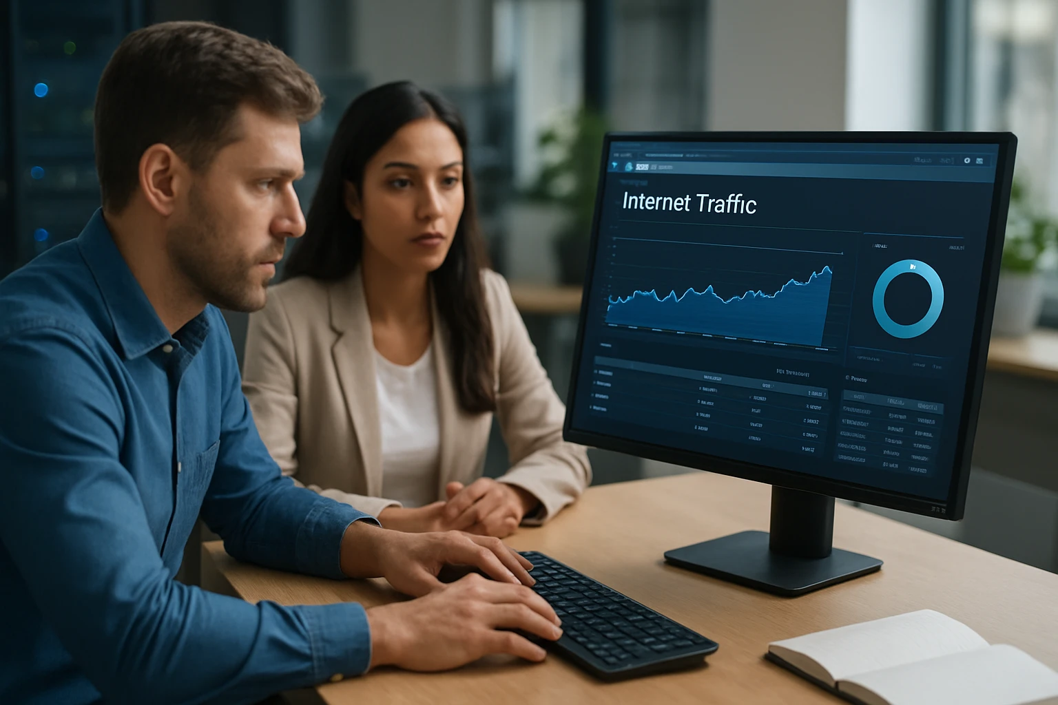 A man and a woman analyze internet traffic data on a computer screen.