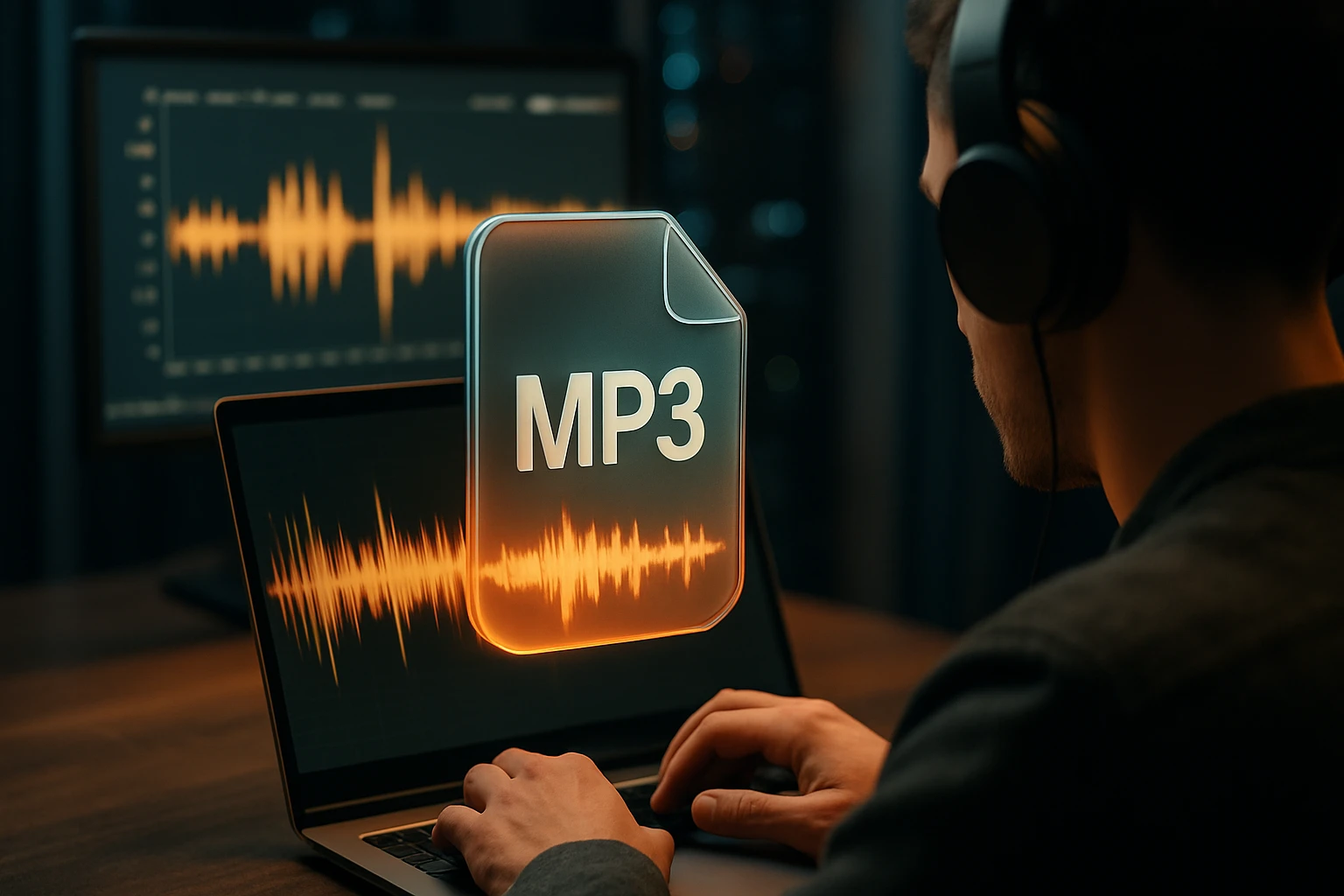 A person editing audio on a laptop with an MP3 file icon displayed.