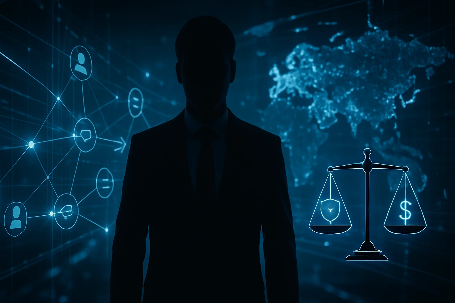 A silhouette of a businessman stands against a digital backdrop of a world map and network connections.