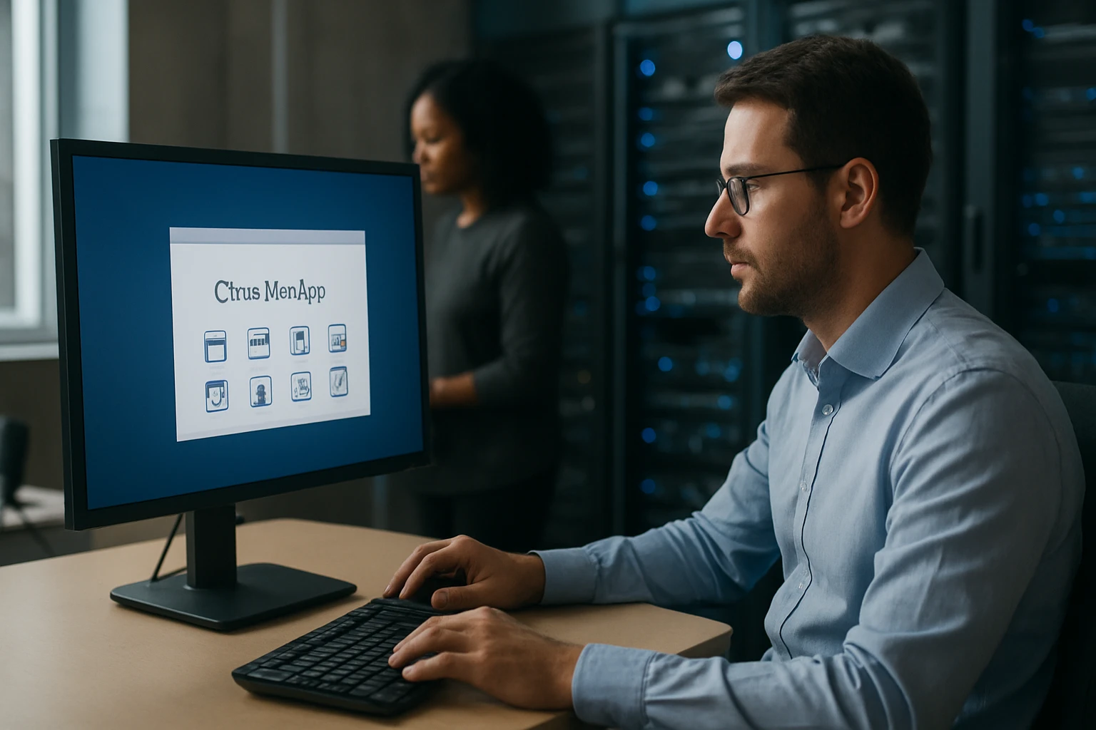A man using a computer with a Citrus MenApp interface in a server room.