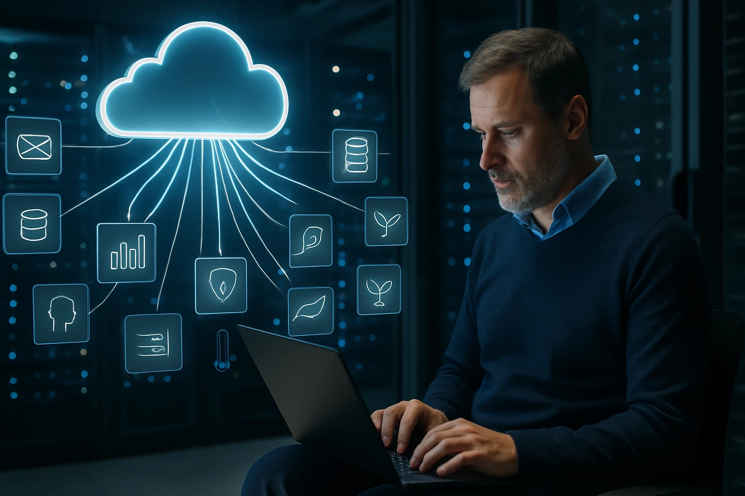 A man working on a laptop with cloud computing icons around him.