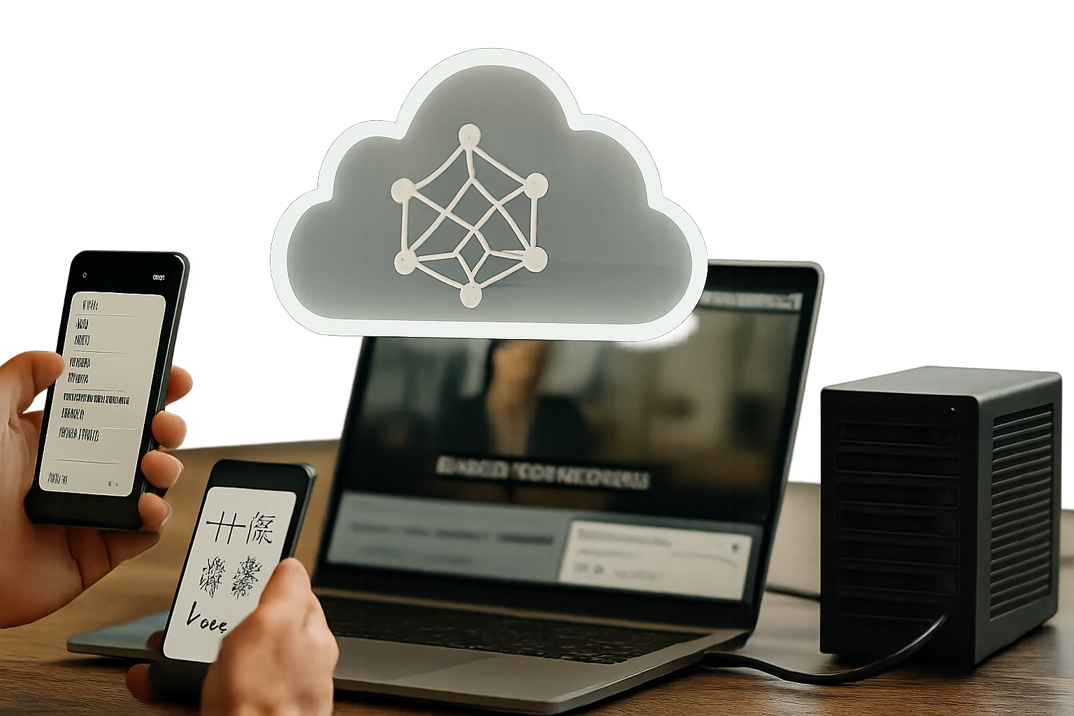 A person holding two smartphones with a cloud computing symbol above a laptop.