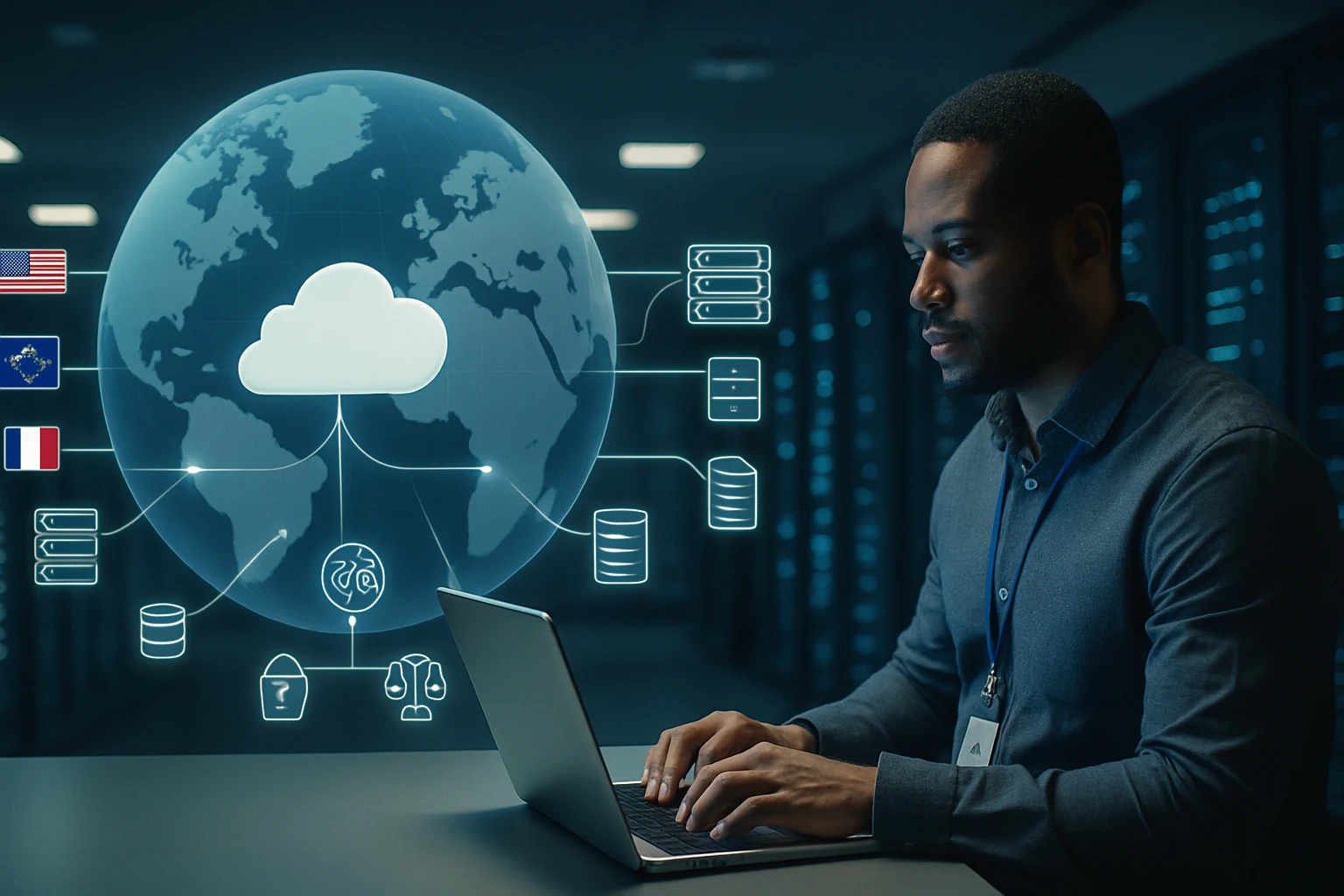 A man working on a laptop with a digital globe and cloud icons in a data center.