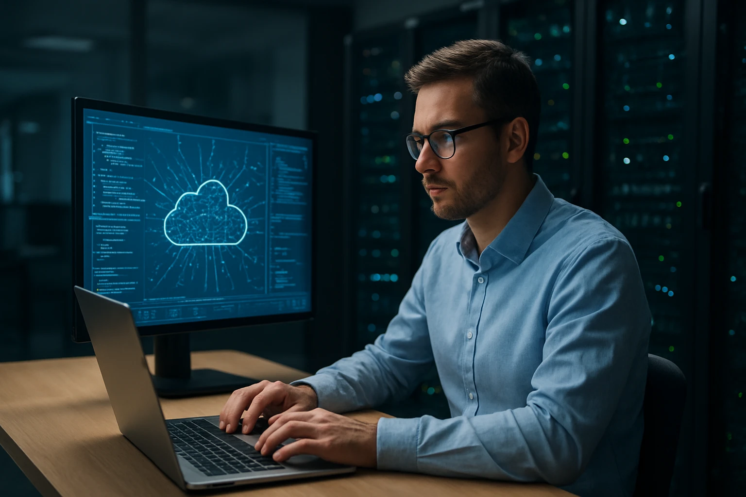 A man working on a laptop in front of a monitor displaying cloud computing graphics.