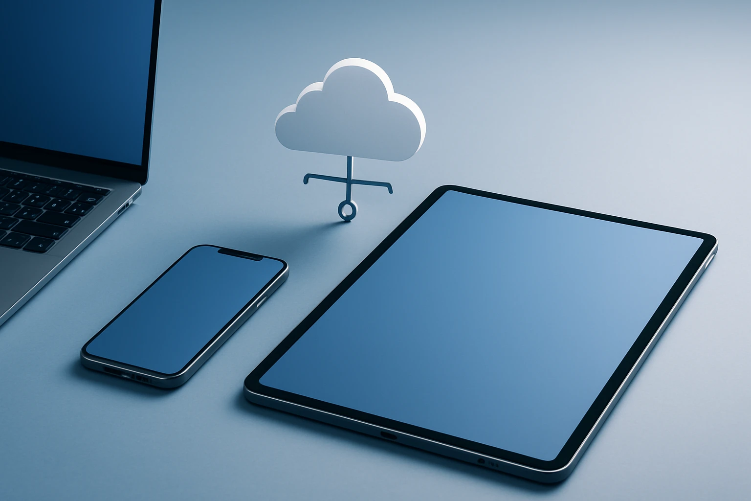 A laptop, smartphone, and tablet on a blue background with a cloud symbol.