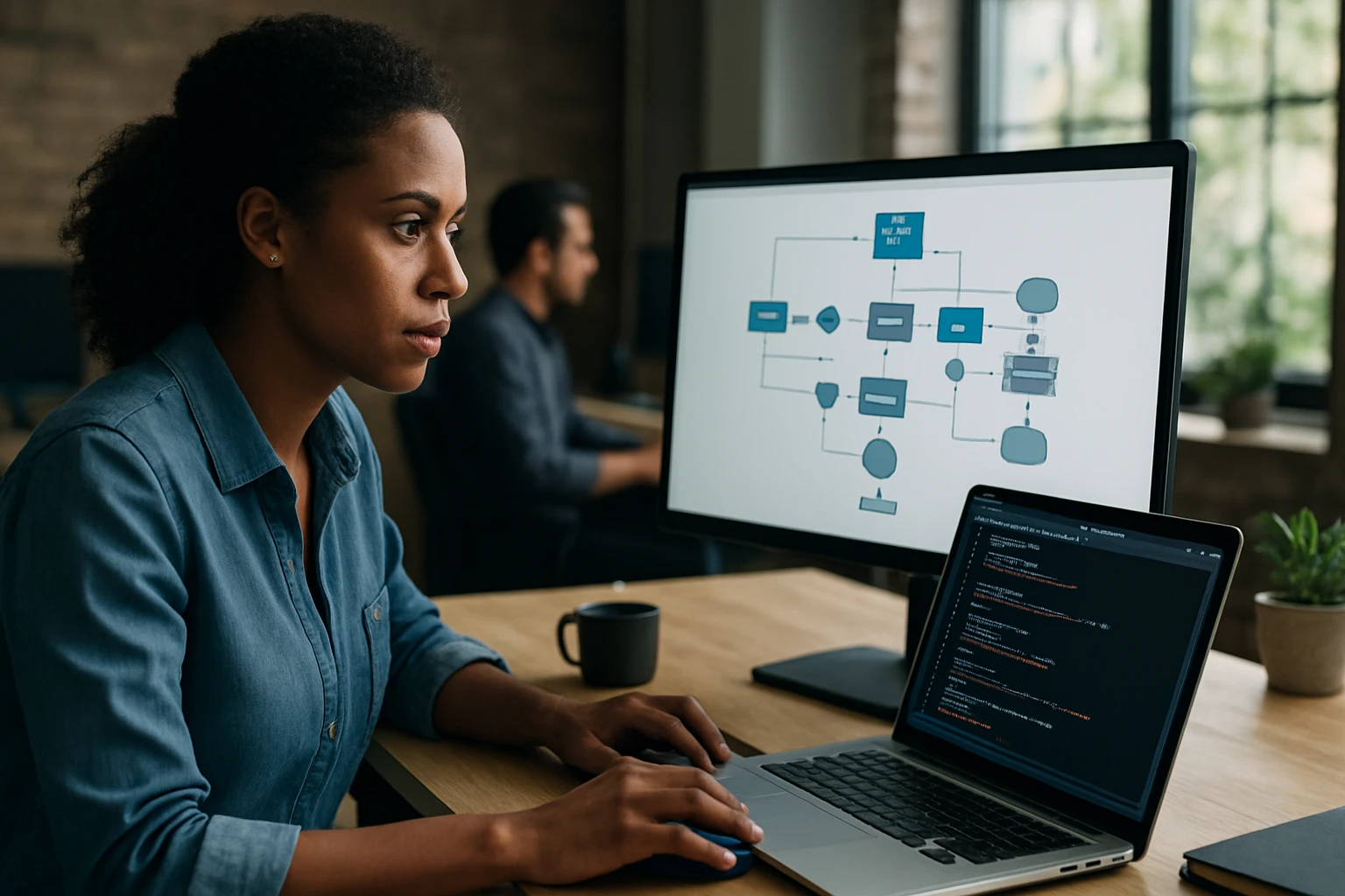 A woman focused on coding, with flowcharts displayed on a monitor.