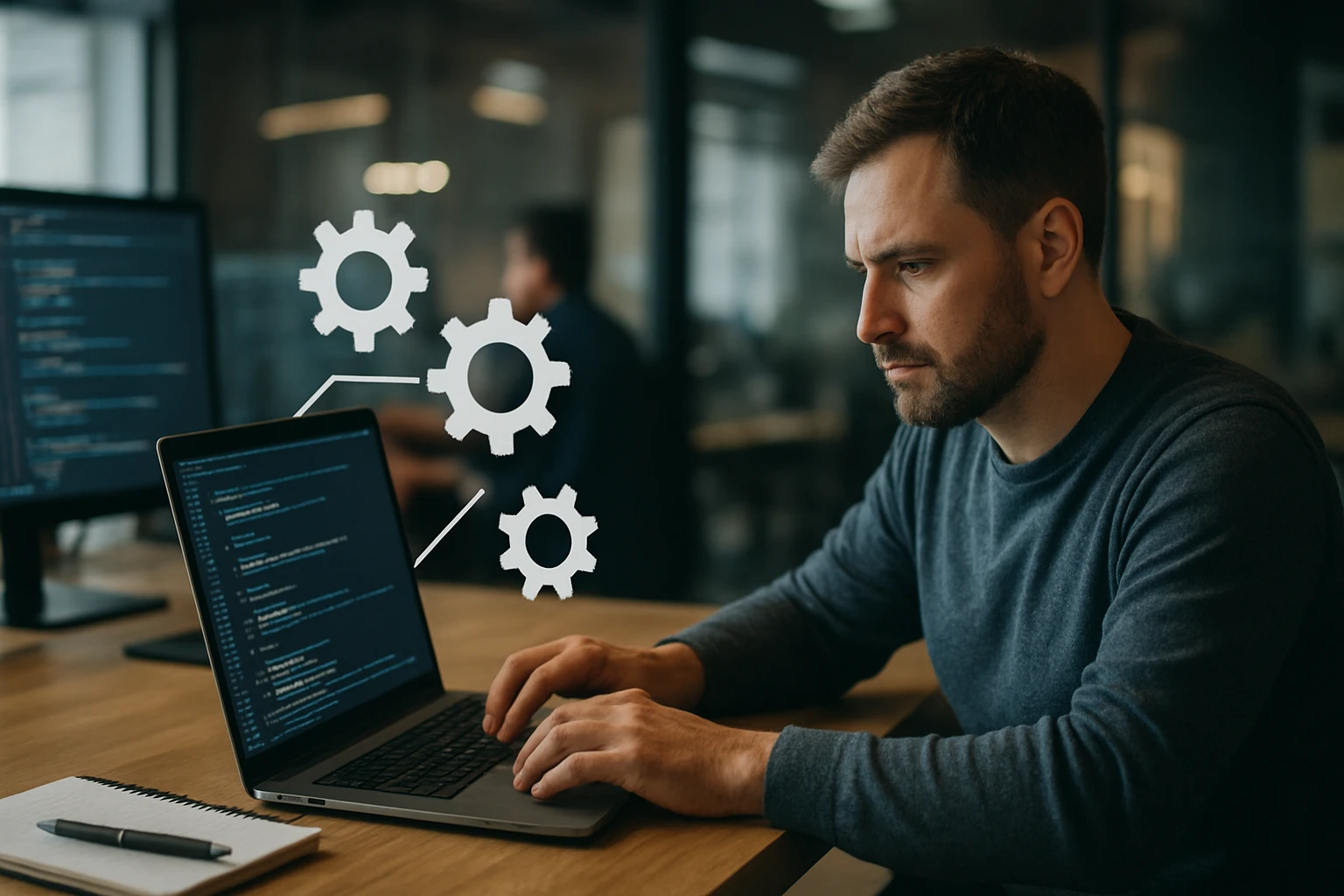 A focused man coding on a laptop with programming elements in the background.