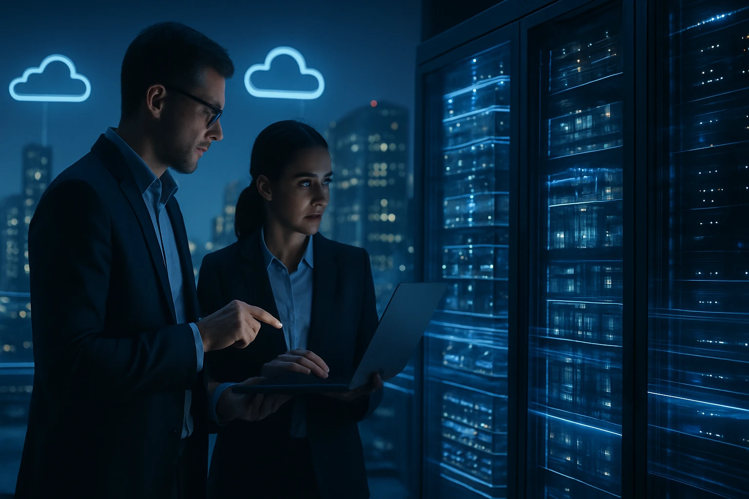 Two professionals discuss data on a laptop in a server room at night.