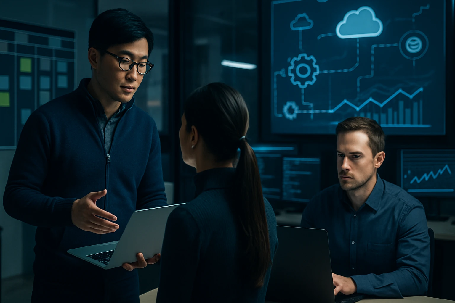 A man discusses a project with a woman while a colleague observes, all in a tech office.