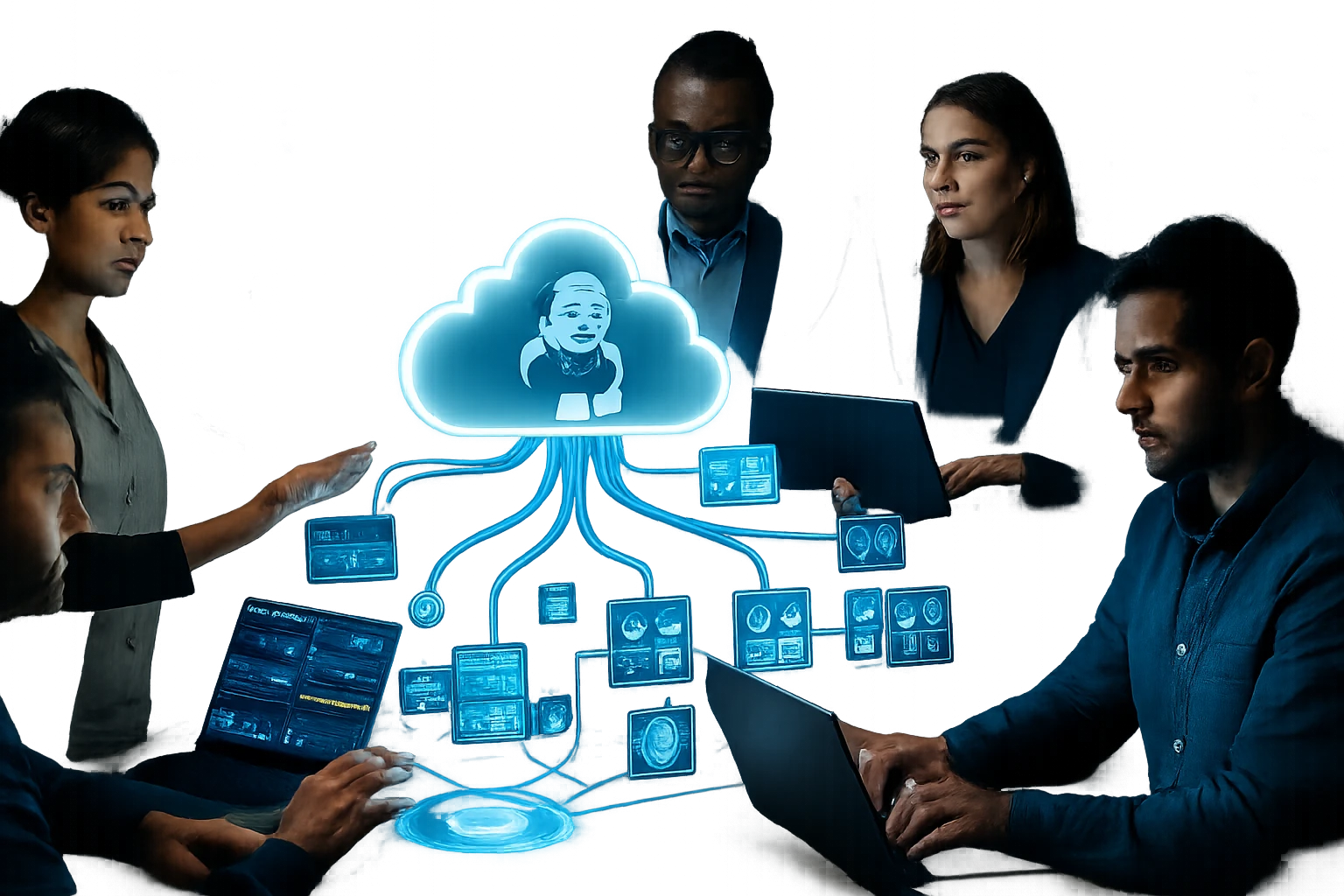 A diverse team of professionals collaborates around a glowing cloud interface displaying data analytics.