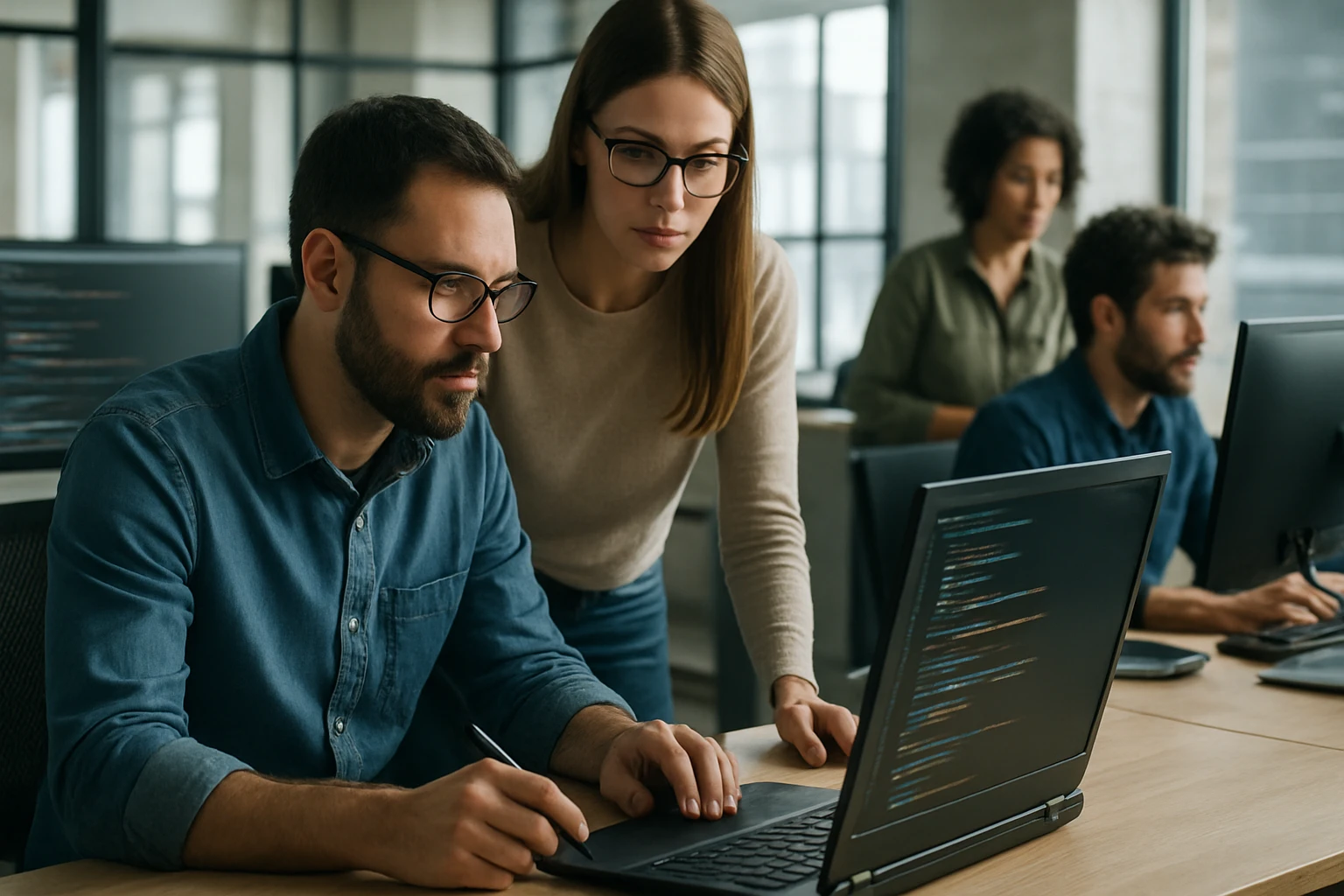 A focused team collaborates on coding tasks in a modern office setting.