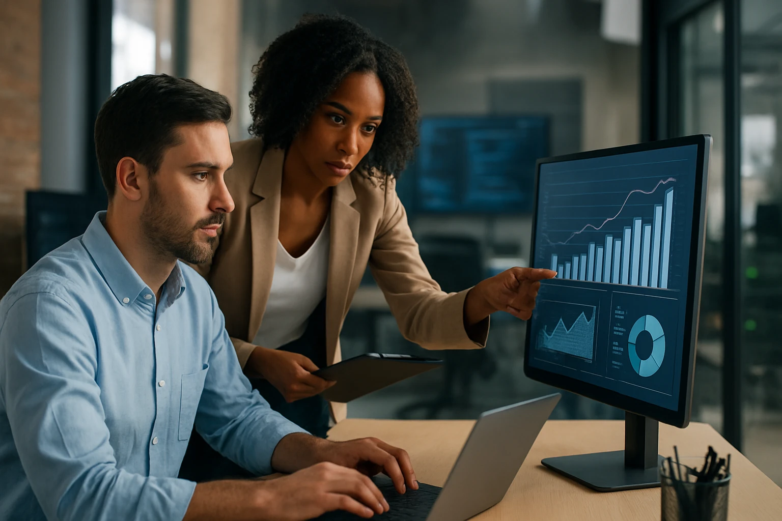 A woman points at a computer screen displaying data graphs while a man focuses on his laptop.