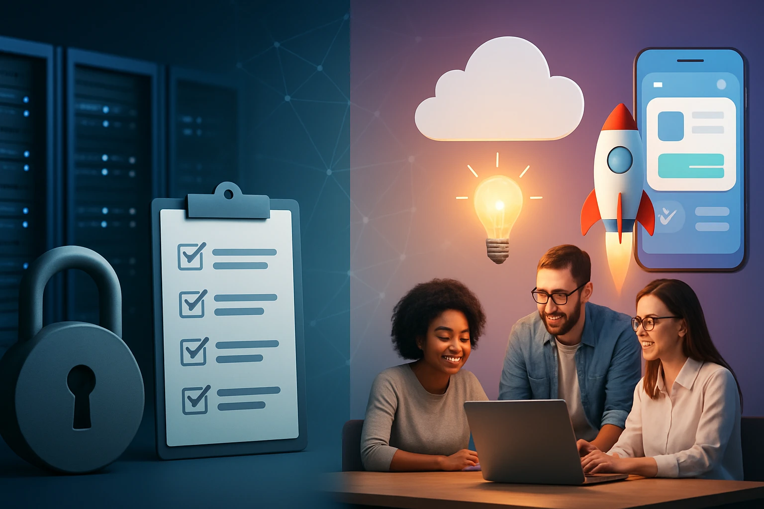 A diverse team collaborates on a laptop, surrounded by tech icons and a padlock.