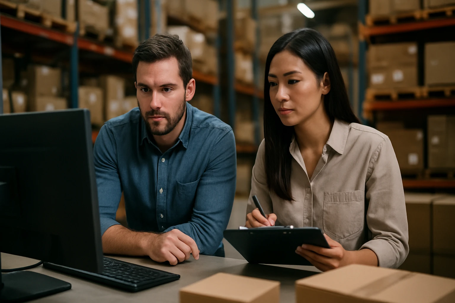 A man and woman focus on a computer screen in a warehouse setting.