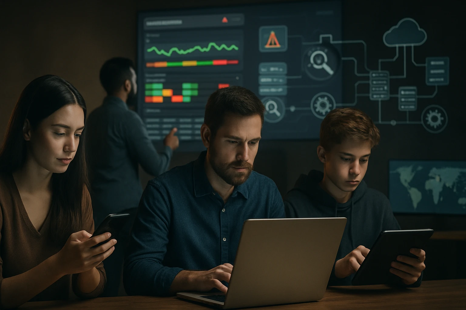 A group of three individuals focused on their devices in a tech environment.