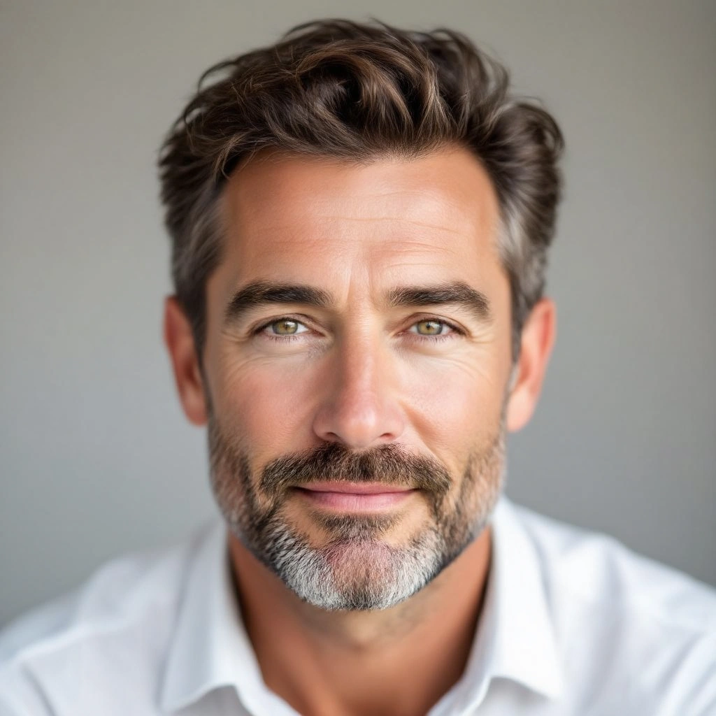 A smiling man with a well-groomed beard and stylish hair, wearing a white shirt.