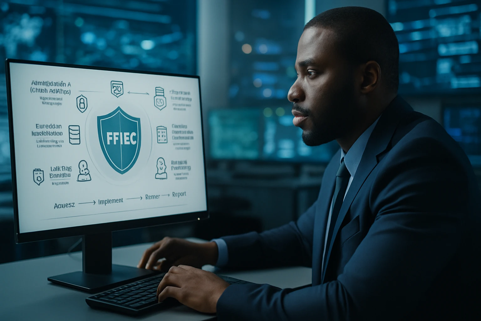 A man in a suit analyzes cybersecurity data on a computer screen.