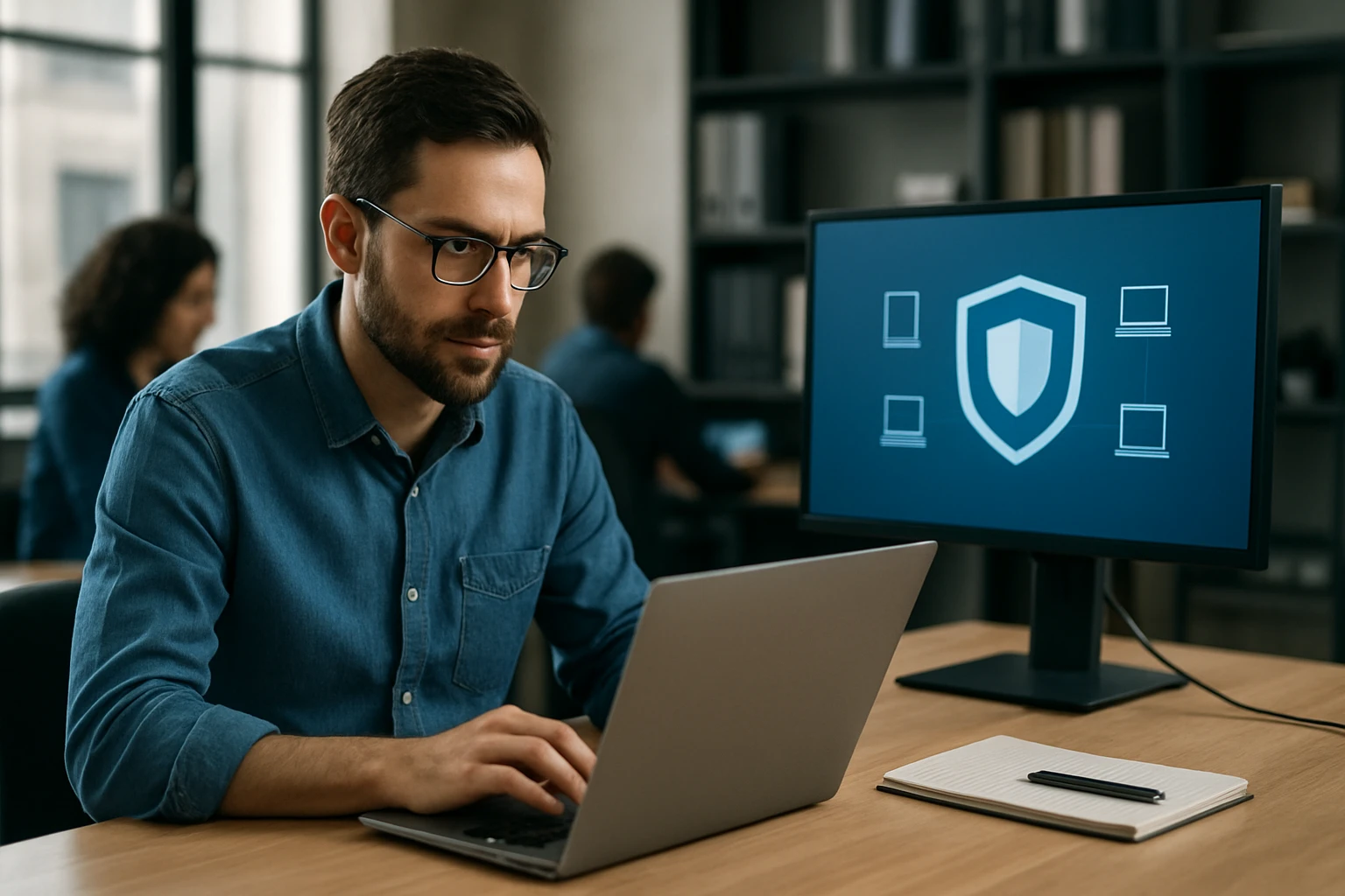 A man working on a laptop with a cybersecurity graphic on a monitor.