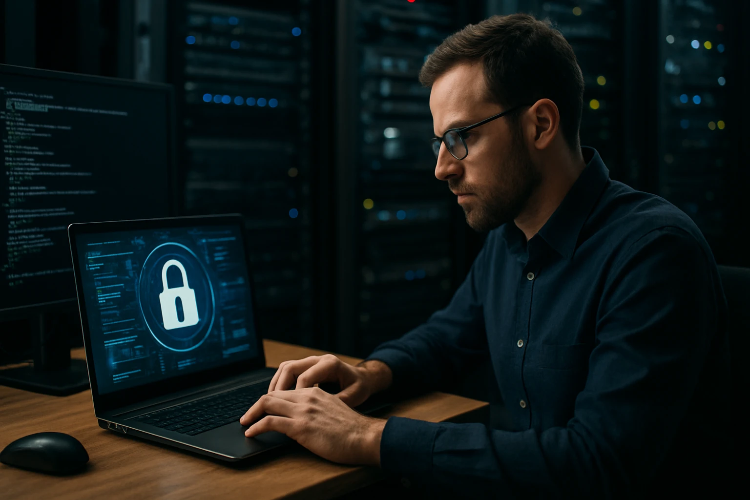 A focused man working on a laptop with a padlock symbol on the screen.