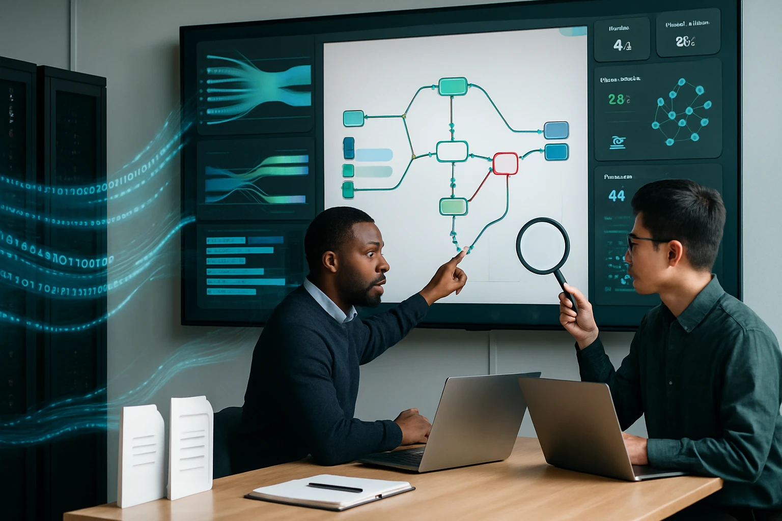 Two professionals discussing a data flow diagram on a large screen in an office.