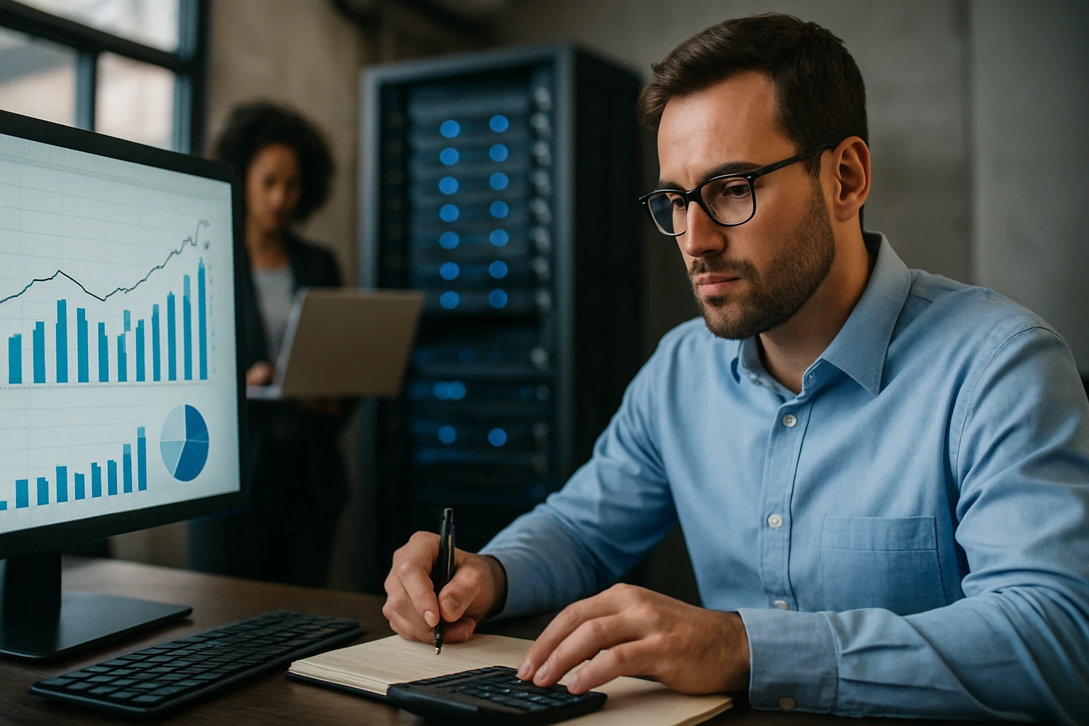 A man analyzing data on a computer while taking notes in an office.