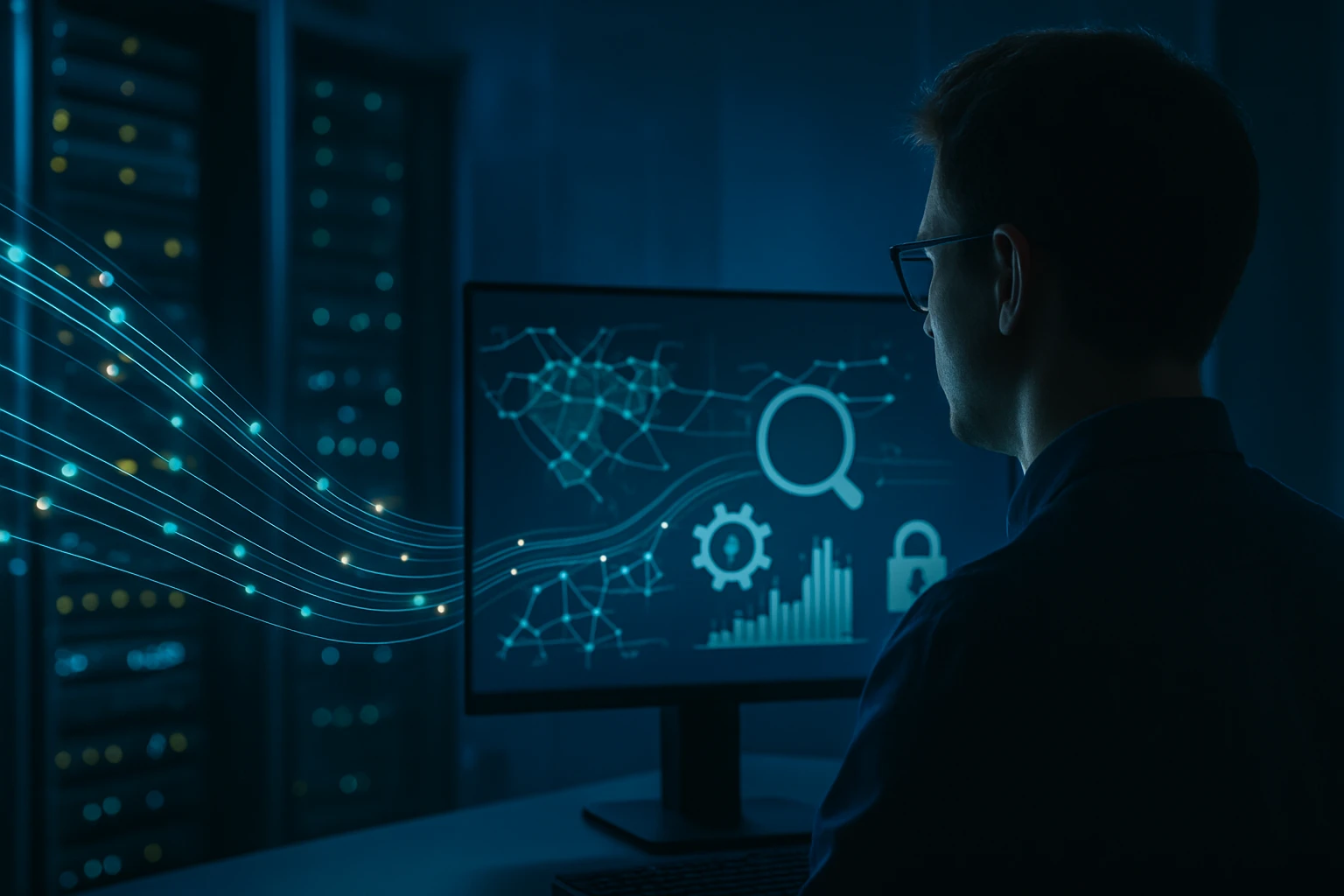 A person analyzing data on a computer screen in a server room.