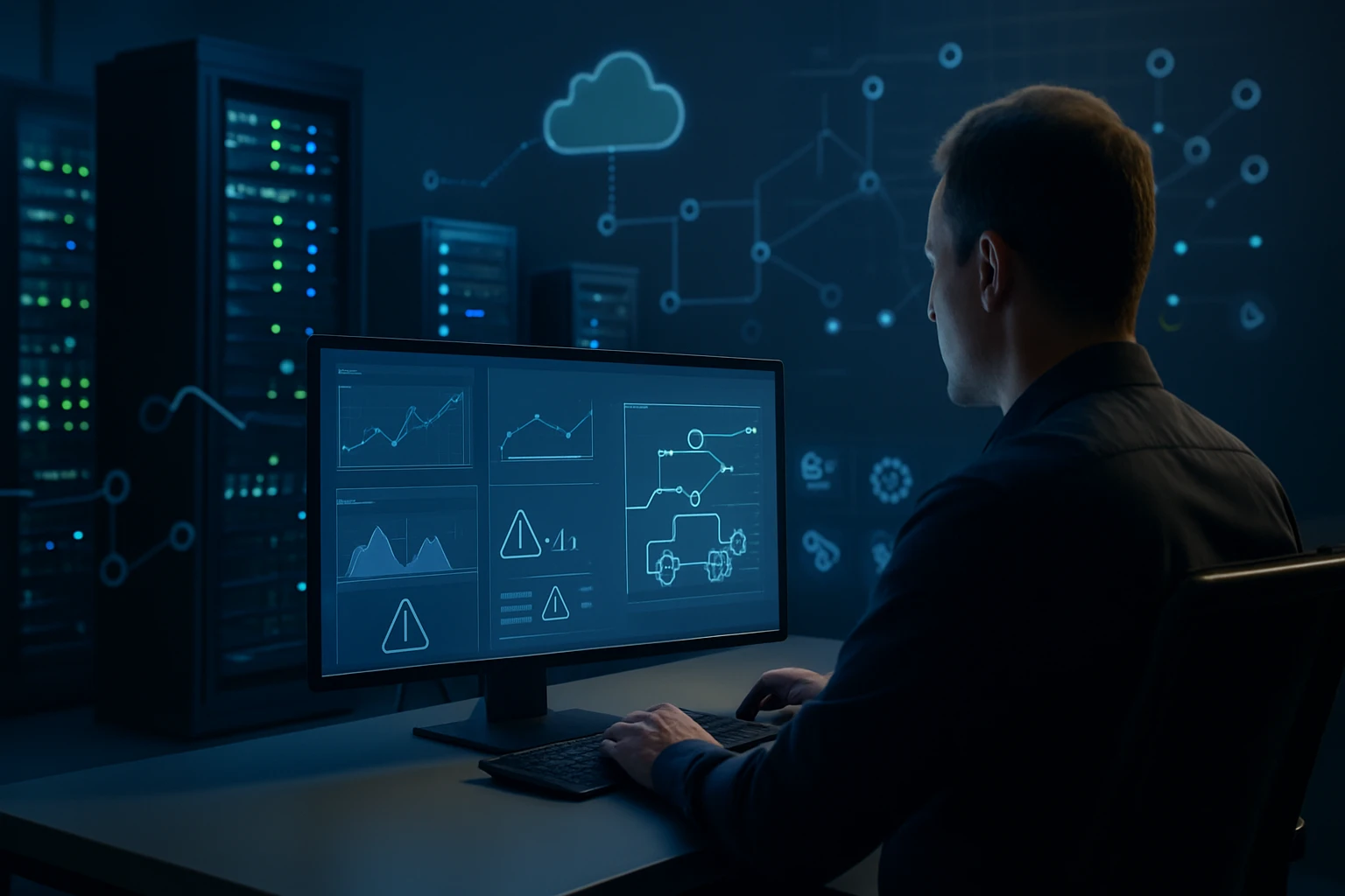 A person analyzing data on a computer screen in a server room.