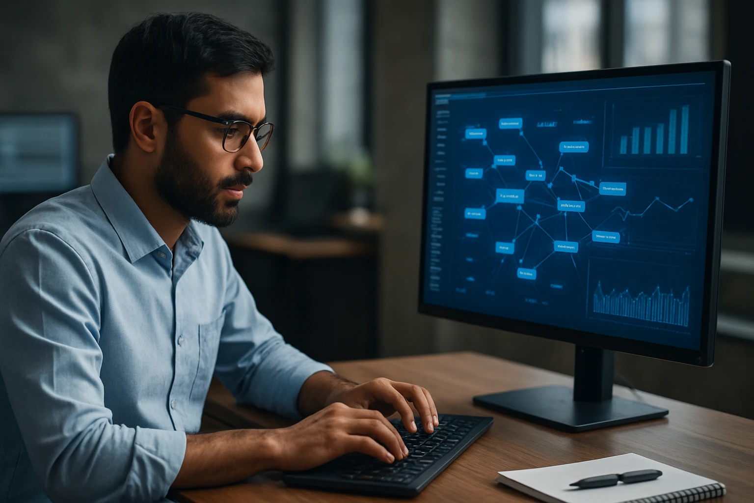 A man working on a computer, analyzing data visualizations on a screen.