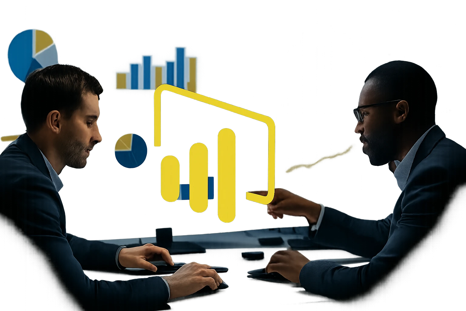 Two professionals analyzing data with charts and graphs in the background.