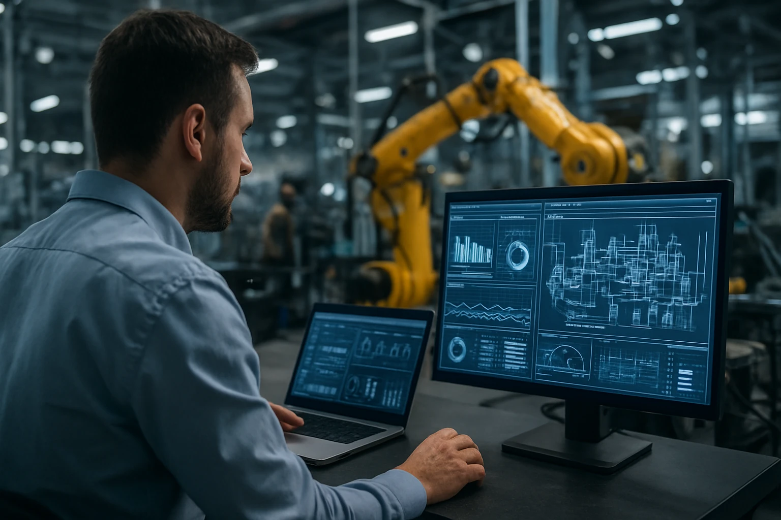 A man analyzes data on dual screens in a tech-driven industrial setting.