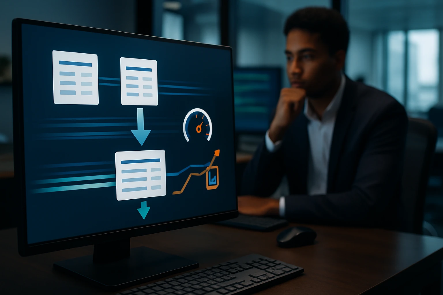 A professional analyzing data flow on a computer screen in an office.