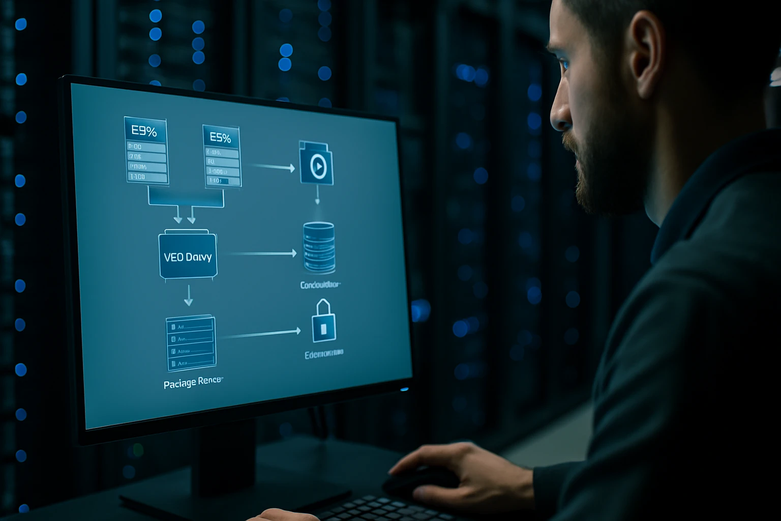 A man analyzing data on a monitor in a server room, showcasing a flowchart.