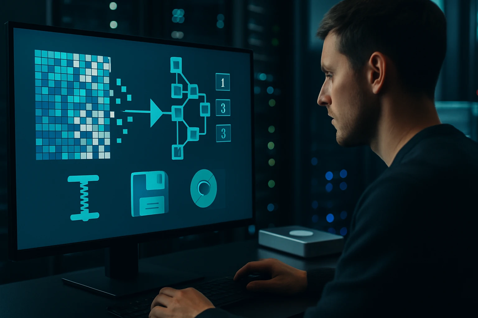 A man analyzing data visualizations on a computer screen in a tech environment.