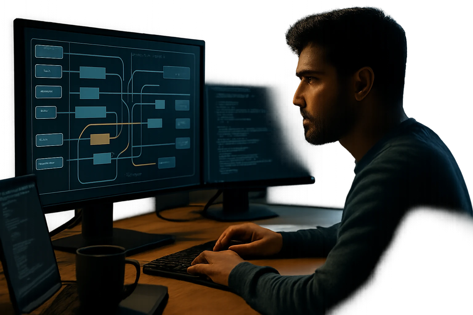 A focused individual analyzes complex data flow on dual monitors in a dimly lit room.