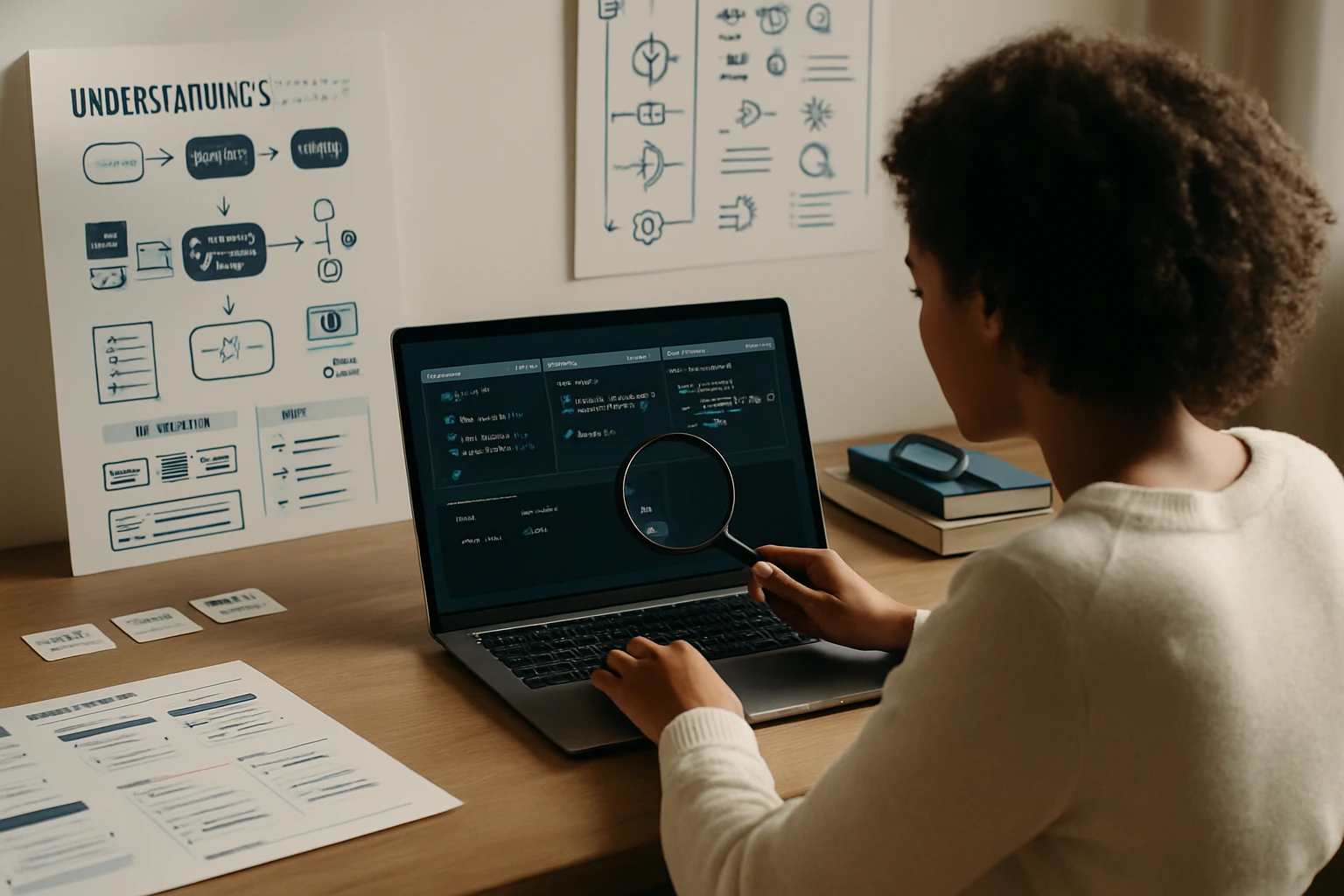 A person analyzing data on a laptop with a magnifying glass, surrounded by notes.