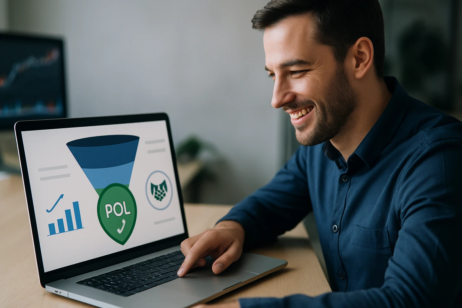 A man smiling while analyzing data on a laptop screen with graphs and icons.