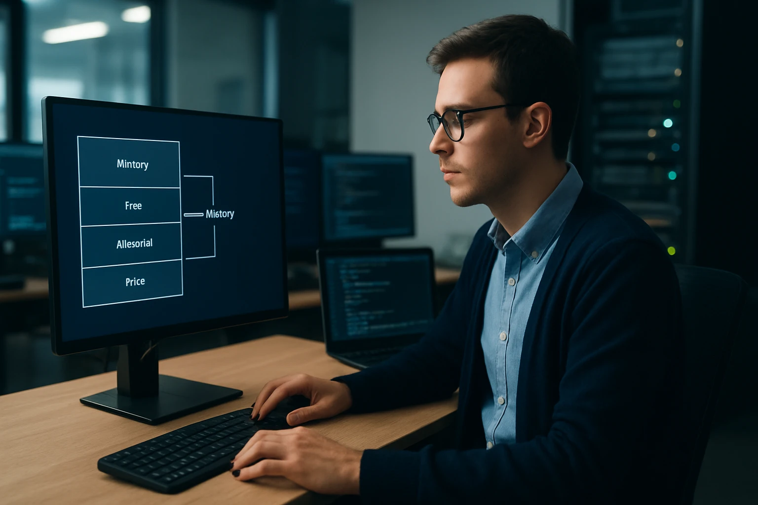 A young man working at a computer, analyzing data on a screen.
