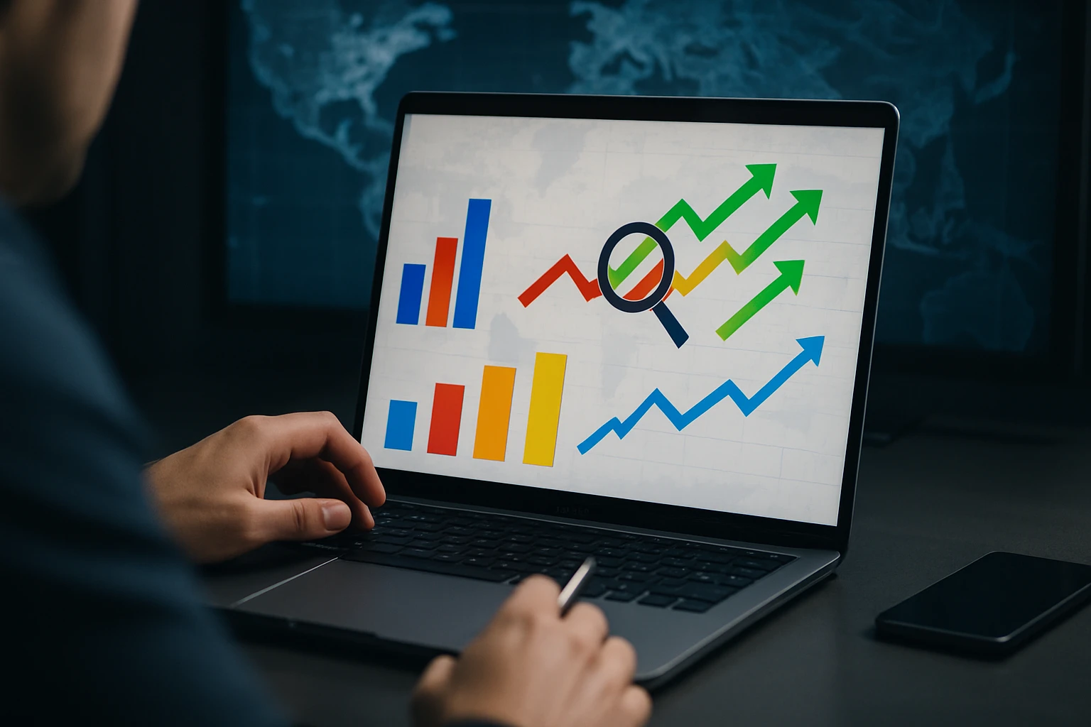 A person analyzing colorful graphs and charts on a laptop screen.