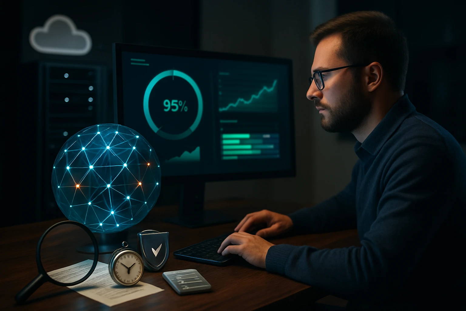 A man working on a computer, analyzing data with a digital globe and graphs.