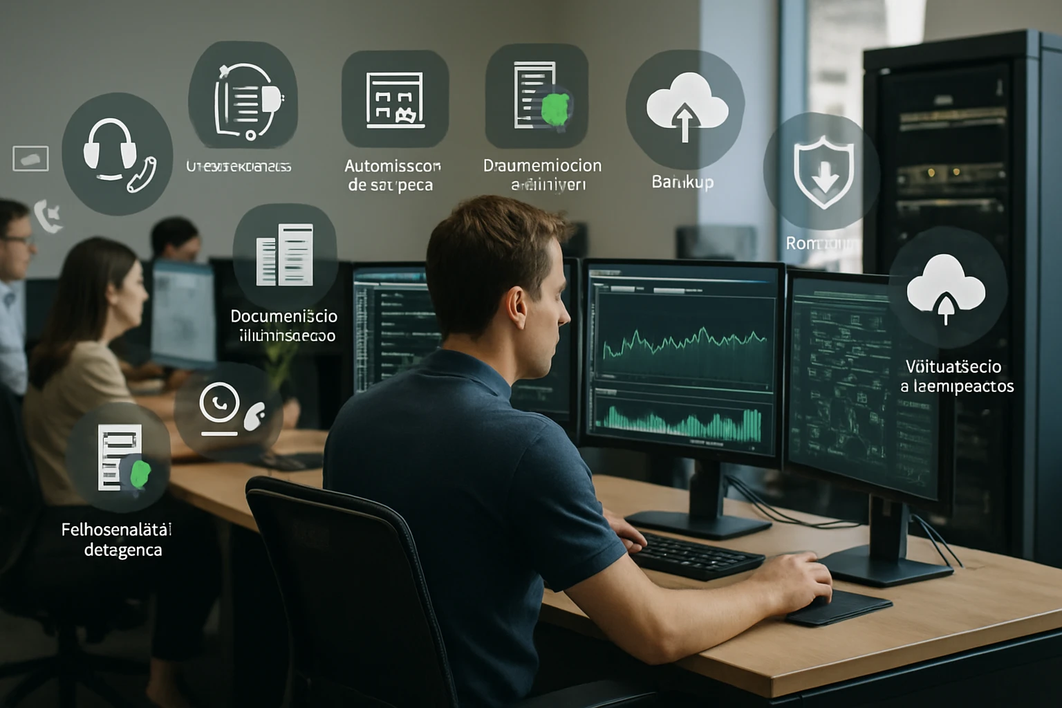 A focused individual working at a desk with multiple monitors displaying data analytics and tech icons.