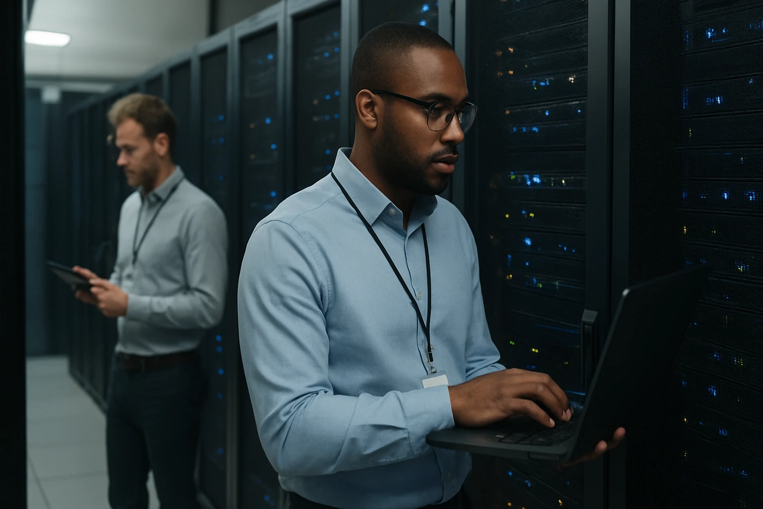 A data center technician works on a laptop in front of server racks.