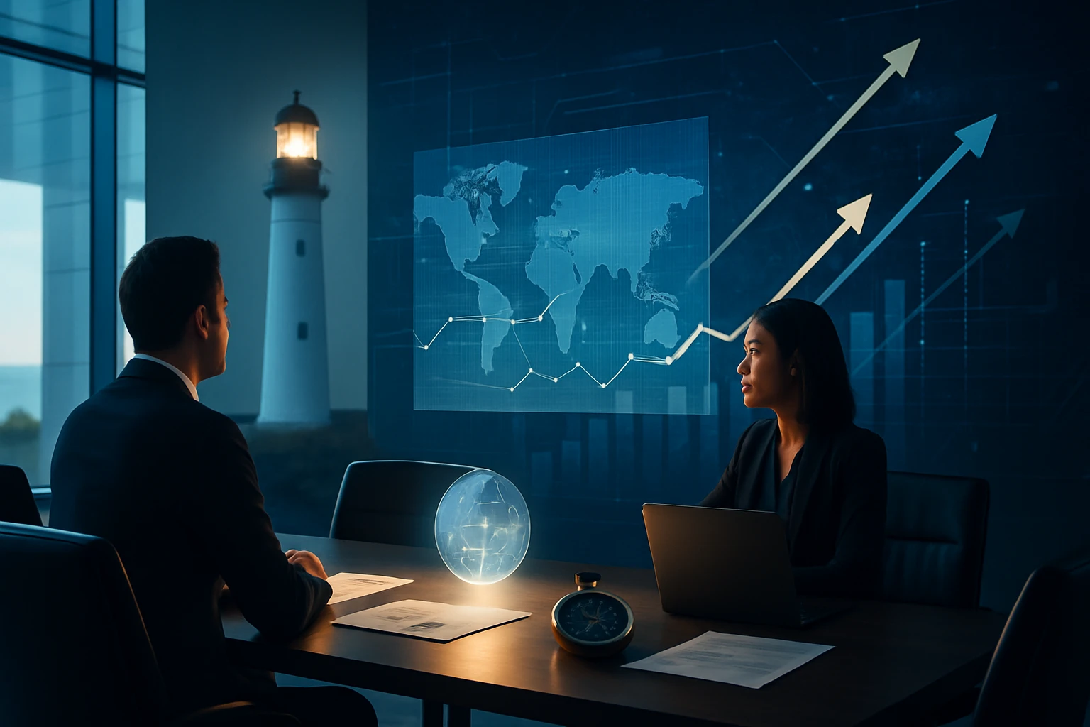 A business meeting with two professionals analyzing data on a digital screen.